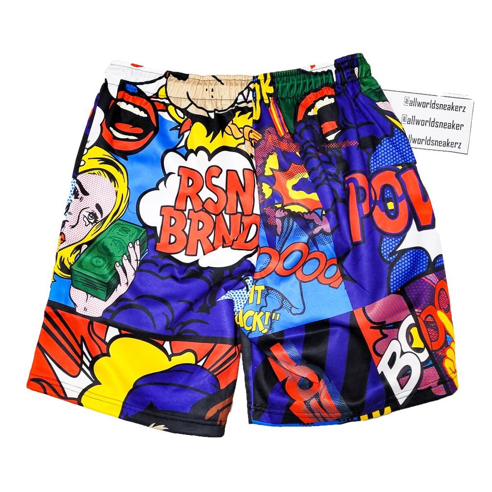 Reason RSN Brand Comic Cartoon PopArt Shorts Red Blue Drip Multicolor Wolf POW - Picture 3 of 10